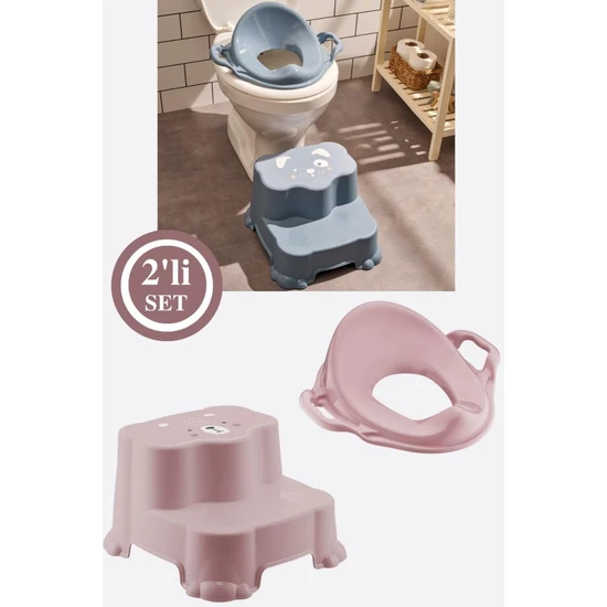 Flosoft Kaydırmaz Çift Basamaklı Çocuk Taburesi ve Klozet Tuvalet Alıştırma Adaptörü 2'li Set Pembe