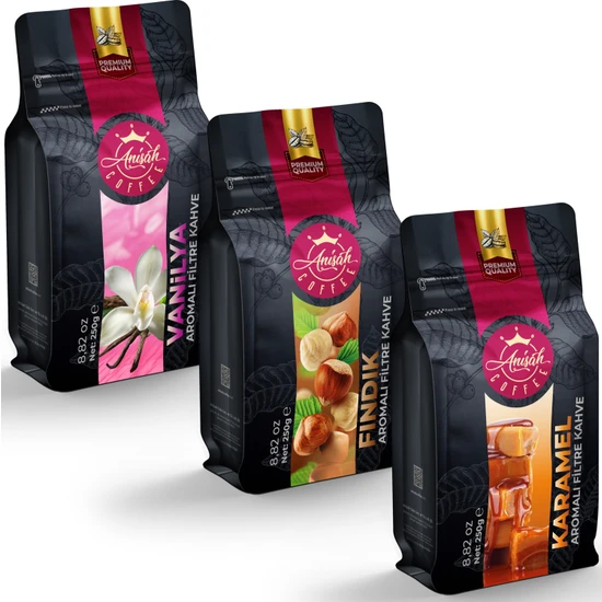 Anisah Coffee Aromalı Filtre Kahve Set 3 x 250 gr Fındık Vanilya Karamel