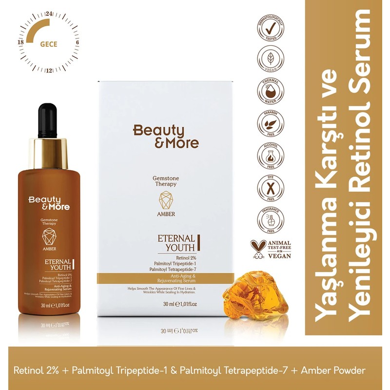 Beauty&More Amber Eternal Youth ve Yenileyici Retinol Serum 30 ml Retinol 2% + Palmitoyl Tripeptide-1 & Palmitoyl Tetrapeptide-7 + Amber Powder