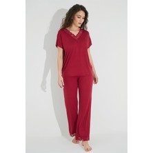 Monamise Kısa Kollu V Yakalı Dantelli Pijama Takımı 18495