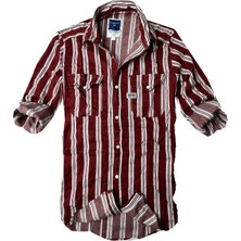 Gulf Bird Slim Fit Likralı Esnek Kumaş Çift Cep Kot Gömlek -- Bordo- Çizgili--