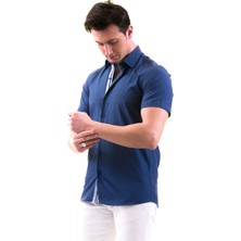 Exve Exclusive Kot Mavisi Yaka Içi ve Göğüs Pat Detaylı Slim Fit Kısa Kollu Pamuk Gömlek