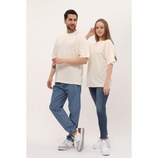 Giyadda Kadın Erkek Açık Ekru Oversize Bol Kalıp Basic T-Shirt