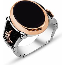 Takılingo 925 Ayar Gümüş Tuğra ve Kılıç Işlemeli Siyah Oniks Taşlı Erkek Yüzük