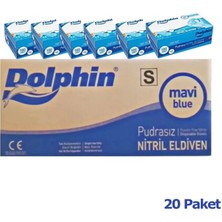 Dolphin Tek Kullanımlık Lateks Mavi Pudrasız Nitril Muayne Eldiveni Small Küçük Boy -100'lü 20 Paket