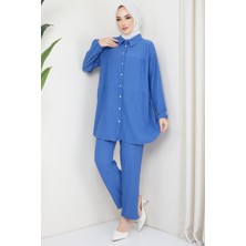 Hafsa Mina Kat Gömlekli Bürümcük İkili Takım Mavi