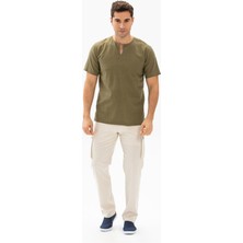Eliş Şile Bezi Büyük Beden Kısa Kol Şile Bezi Bisiklet Yaka Erkek Tshirt Haki 3049