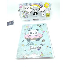 Hediyelik Kırtasiye Seti A5 Boy Simli/sulu Şeffaf Panda Temalı Defter + Şeffaf Kalemlik