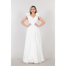 Feminist Ekru Omuzları Çiçek Detaylı V Yaka Saten Abiye 1302049.147