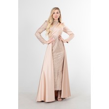 Feminist Bej Drape ve Kuyruk Detaylı Simli Abiye Elbise   6502422.55