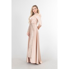 Feminist Bej Drape ve Kuyruk Detaylı Simli Abiye Elbise   6502422.55