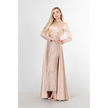 Feminist Bej Drape ve Kuyruk Detaylı Simli Abiye Elbise   6502422.55