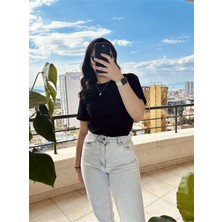 Qu Style Kısa Kol Düz Bisiklet Yaka Tişört Siyah