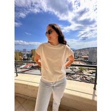 Qu Style Düşük Kol Bisiklet Yaka Düz Tişört Krem