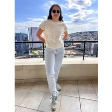Qu Style Düşük Kol Bisiklet Yaka Düz Tişört Krem
