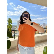 Qu Style Düşük Kol Bisiklet Yaka Düz Tişört Turuncu