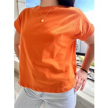 Qu Style Düşük Kol Bisiklet Yaka Düz Tişört Turuncu