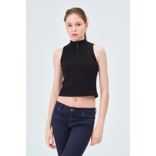 Asena Mila Yakası Fermuarlı Kaşkorse Fıtted/vücuda Oturan Siyah Crop