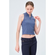 Asena Mila Yakası Fermuarlı Kaşkorse Fıtted/vücuda Oturan Denim Mavi Crop