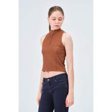 Asena Mila Yakası Fermuarlı Kaşkorse Fıtted/vücuda Oturan Kahve Crop