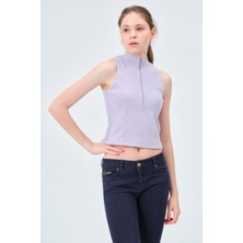 Asena Mila Yakası Fermuarlı Kaşkorse Fıtted/vücuda Oturan Lila Crop
