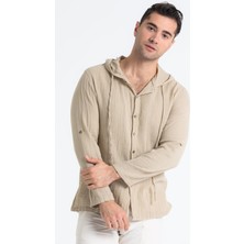 Uzun Kol Erkek Kapüşonlu Yazlık Müslin Sweatshirt Vizon Vzn