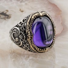 Takılingo 925 Ayar Gümüş Mor Zirkon Taşlı Vav Detaylı Erkek Yüzük