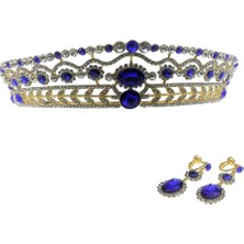 Bawei Gelin Mücevher Seti Crystal Tiara Head Band Küpe Düğün Aksesuar - Mavi (Yurt Dışından)