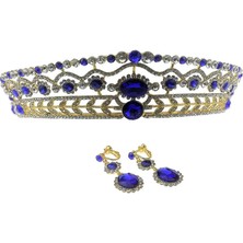 Bawei Gelin Mücevher Seti Crystal Tiara Head Band Küpe Düğün Aksesuar - Mavi (Yurt Dışından)