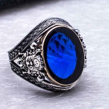 Takılingo 925 Ayar Gümüş Osmanlı Tuğralı Mavi Taşlı Erkek Yüzük