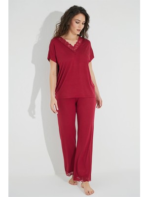 Monamise Kısa Kollu V Yakalı Dantelli Pijama Takımı 18495