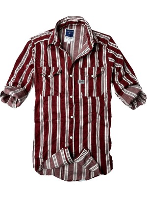 Gulf Bird Slim Fit Likralı Esnek Kumaş Çift Cep Kot Gömlek -- Bordo- Çizgili--
