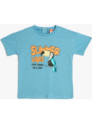 Koton Tişört Bisiklet Yaka Kısa Kollu Papağan Baskılı Pamuklu