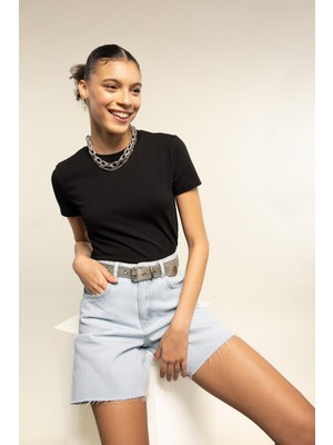DeFacto Kadın Kısa Kollu Tişört Siyah-BK81 Fitted Günlük Stil Pamuklu M