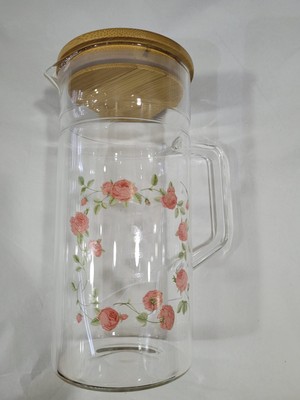 Es Dekor Ahşap Vakumlu Kapaklı Cam Kulplu Sürahi Tekli Garden Roses Küçük Pembe Kırmızı 700 ml