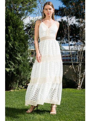 Lela Pamuklu Güpürlü Ip Askılı Astarlı Anvelop Uzun Elbise Bayan Elbise 6532196