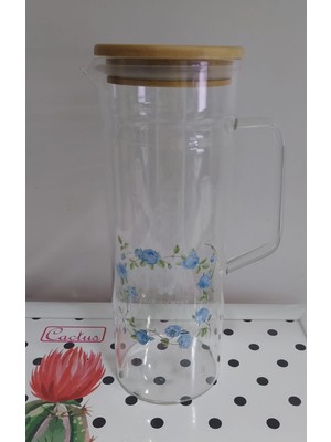 Es Dekor Ahşap Vakumlu Kapaklı Cam Kulplu Sürahi Tekli Büyük Mavi Lacivert 1000 ml