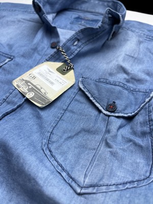 Gulf Bird Slim Fit Saf Pamuk Denim Kumaş Kot Gömlek--Çiftcep Mavi--