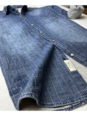 Gulf Bird Slim Fit Saf Pamuk Denim Kumaş Kot Gömlek--Laci Çizki Eskitme-