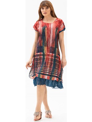 Eliş Şile Bezi Kısa Kol Vual Defne Midi Boy Yazlık Otantik Elbise Bordo Lacivert Çizgili 6095(Akar)