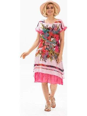 Eliş Şile Bezi Kısa Kol Vual Defne Midi Boy Yazlık Otantik Elbise Pembe 6060