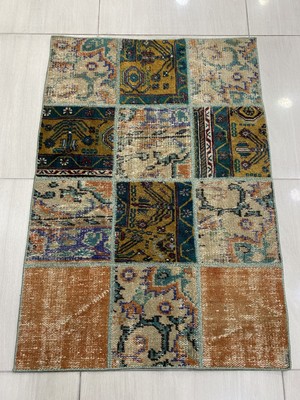 Burak Halı El Dokuma Patchwork Halı 83X118 Renkli Yamalı Yün Küçük Hal !