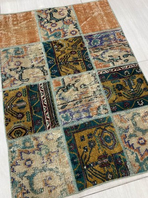 Burak Halı El Dokuma Patchwork Halı 83X118 Renkli Yamalı Yün Küçük Hal !