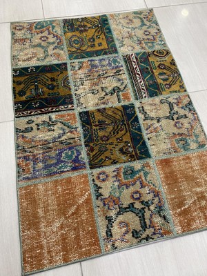 Burak Halı El Dokuma Patchwork Halı 83X118 Renkli Yamalı Yün Küçük Hal !