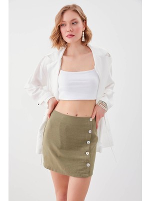 Vitrin Sedef Düğmeli Viskon Keten Mini Etek