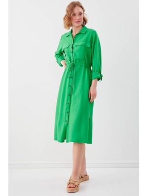 Vitrin Beli Bağlamalı Çift Cep Gömlek Elbise