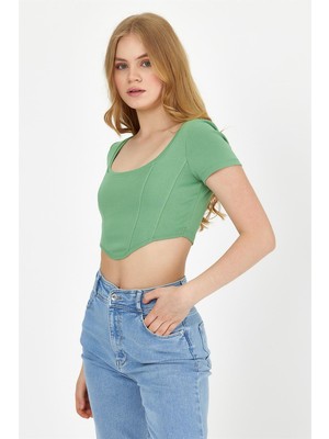 Vena Kadın Greta Yeşil Kare Yaka Crop Tişört
