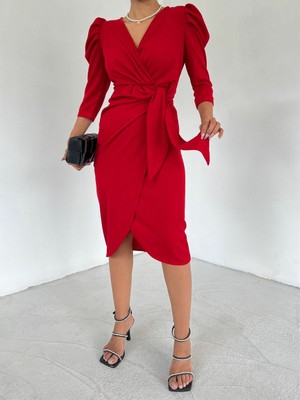 Sizdeo Kadın Kırmızı Omuz Detaylı Kruvaze Kesim Krep Kumaş Midi Boy Elbise