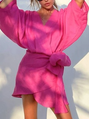 Sizdeo Kadın Fakir Kol Fiyonk Fetay Keten Kumaş Mini Kimono Elbise