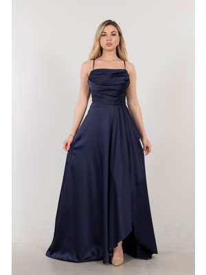 Feminist Lacivert Yırtmaç Detaylı Saten Abiye Elbise  4522348.02